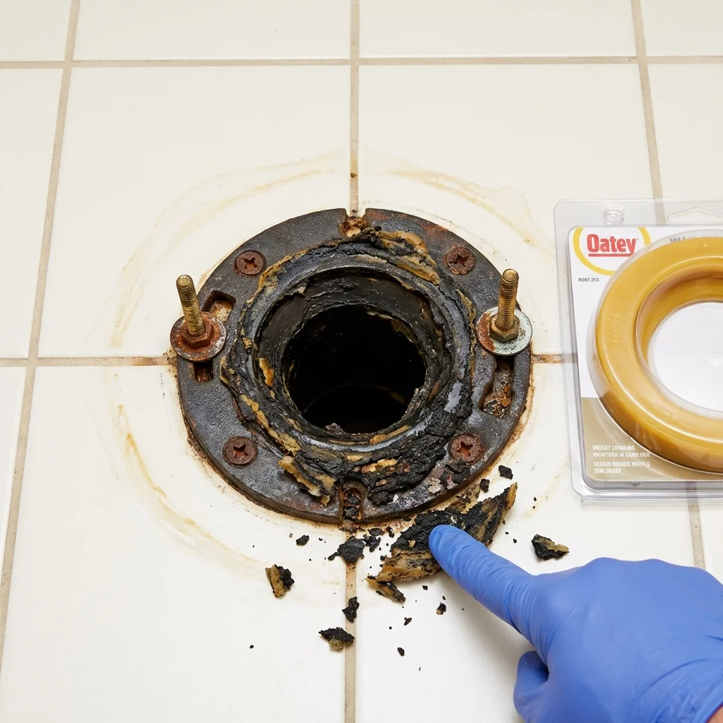 Failed wax ring showing water seepage at the base of a toilet in a Oroville, WA home